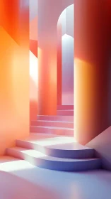 Iridescent abstract staircase within pastel light columns.