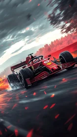 Red Formula race car drifts on wet track with sparks flying