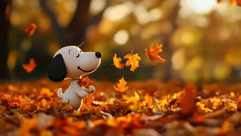 Cartoon dog stands among autumn leaves in shallow focus