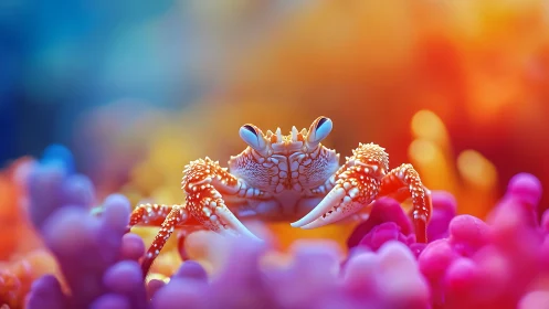 Curious reef crab peeking through a rainbow coral dream.