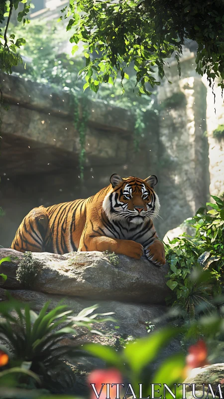 Sunlit jungle tiger resting on mossy rock ledge in repose.