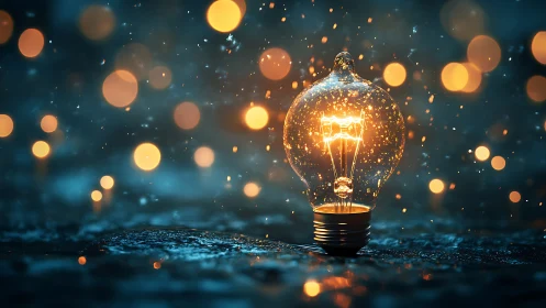 Glowing lightbulb sparkles through gentle evening rain.