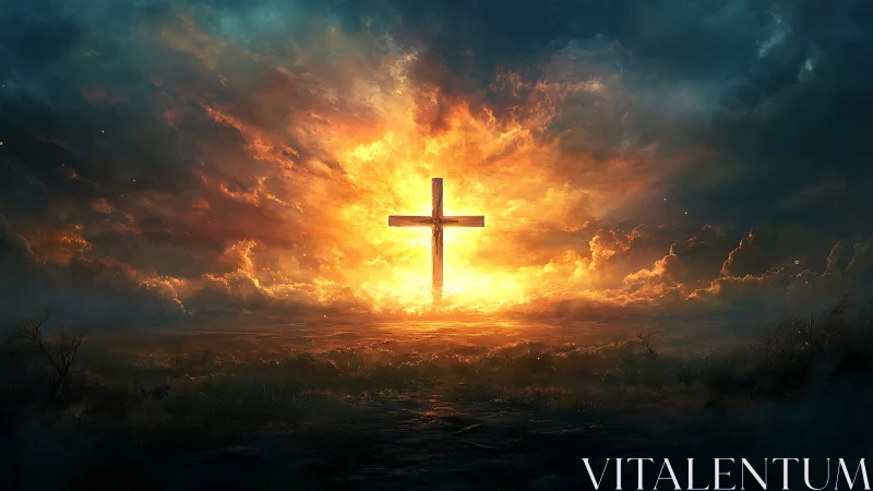 Fiery horizon crowns a solitary cross with stormlit grace