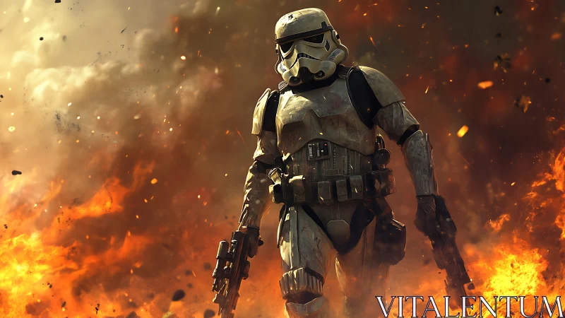 Armored sci‑fi infantry figure advances through explosive fire