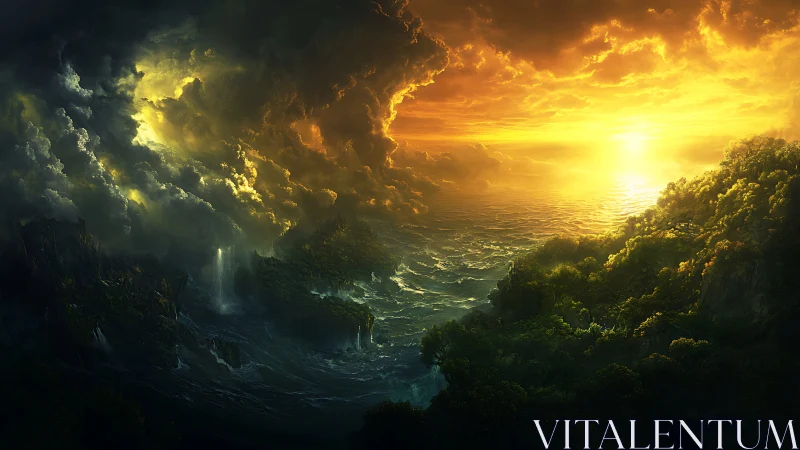Sunlit ocean horizon with storm clouds and coastal forest.