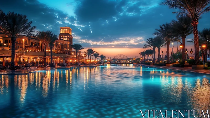Lagoon of lantern light beneath a glowing desert sunset.
