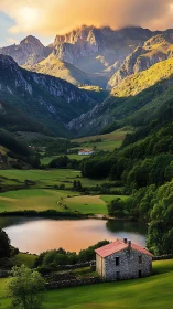 Sunlit mountain valley with lakeside stone cottage foreground.
