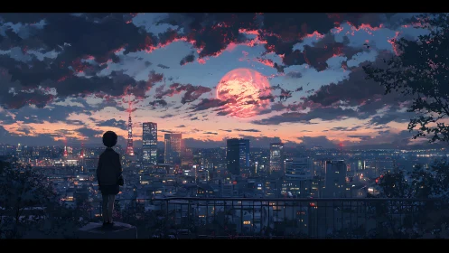 Child silhouetted above neon city under massive crimson moon