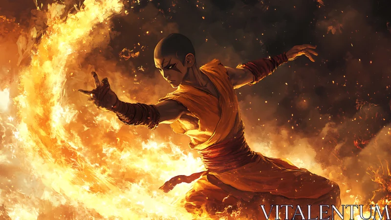 Robed Figure with Shaved Head Manipulating Flames.