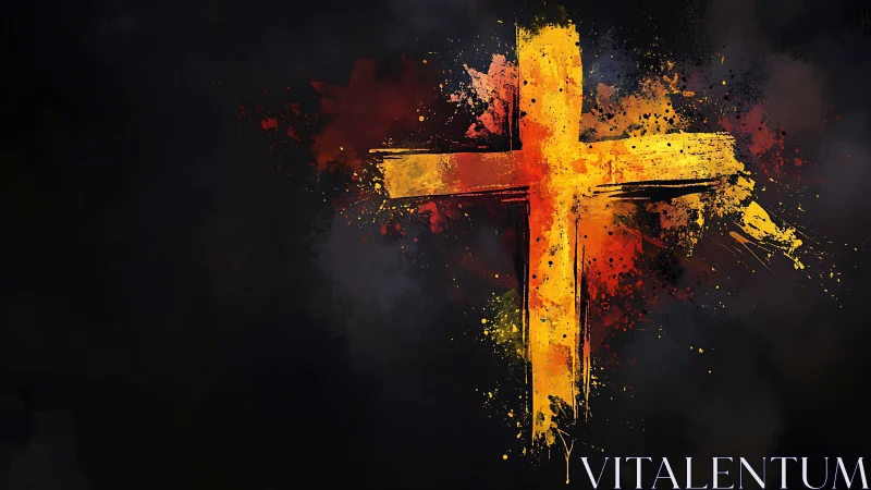 Radiant golden cross rendered in expressive paint splashes.
