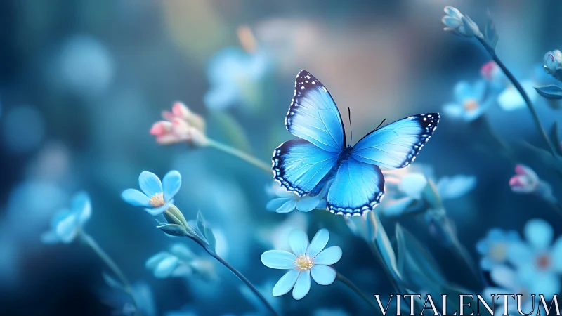 Iridescent blue butterfly hovering over dreamy blossoms.