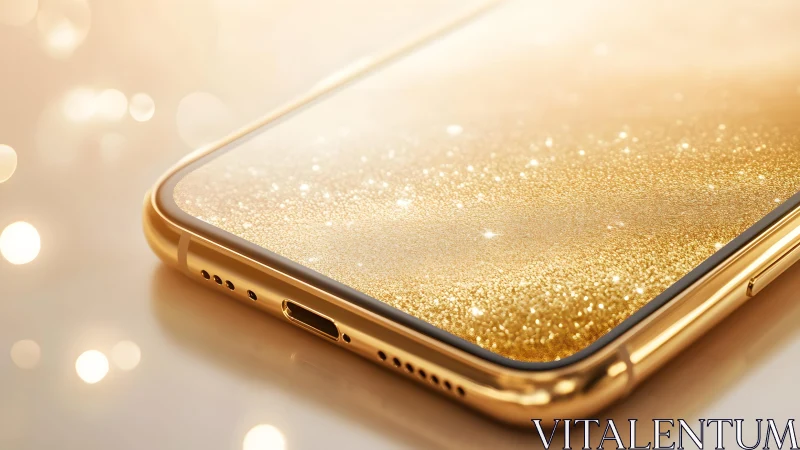 Luxurious gold smartphone close-up with sparkling glitter finish.
