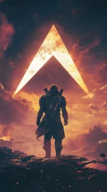 Lone space wanderer strides toward blazing celestial gate