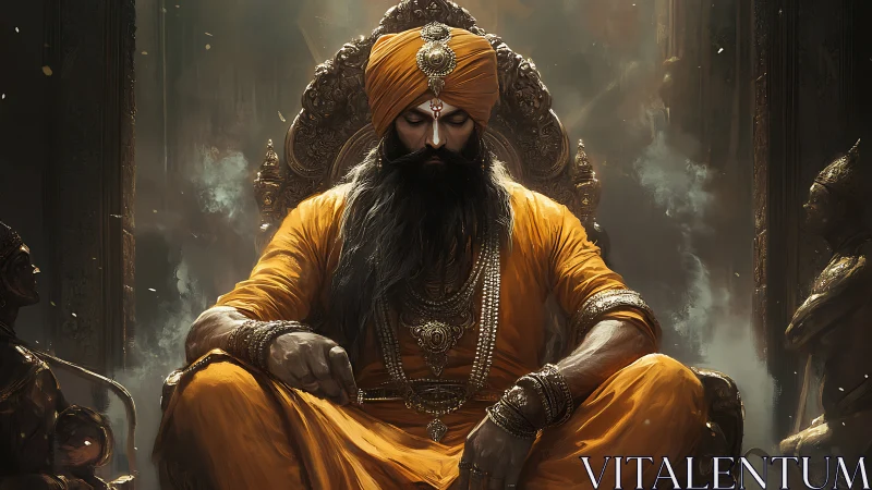 Serene royal guardian resting on an ornate ancient throne.