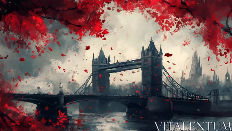 Tower Bridge spans misty London skyline under crimson leaves