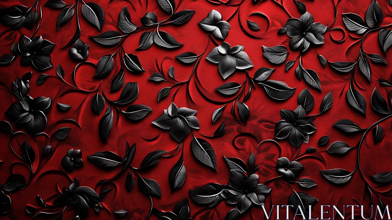 Three-Dimensional Floral Relief Pattern with Dimensional Black Botanical Elements on Deep Red Textur