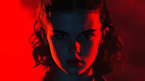 Intense red-lit portrait captures a girl’s fierce determination