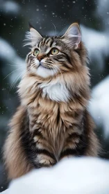 Long-haired tabby cat portrait in winter snow setting.