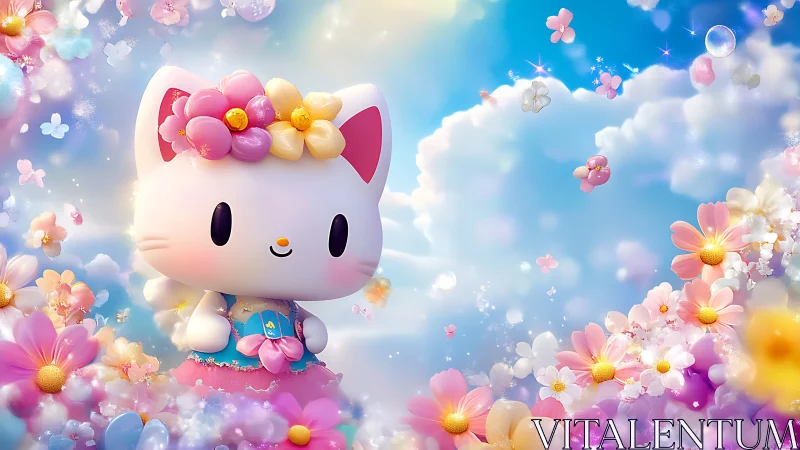 Pastel-rendered chibi cat avatar in floral cloudscape panorama.