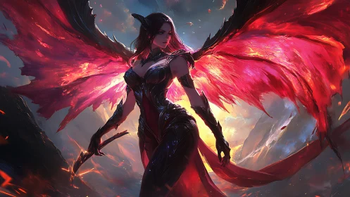 Infernal winged warlord in high-saturation lava dusk sky.