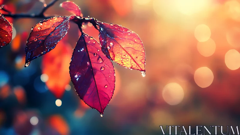 Dew jeweled autumn leaves glow against a dreamy sunrise haze