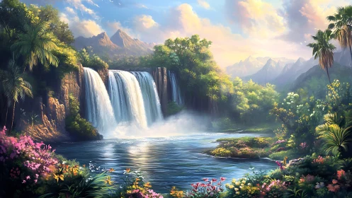 Lush waterfall valley with tropical river and flowers.