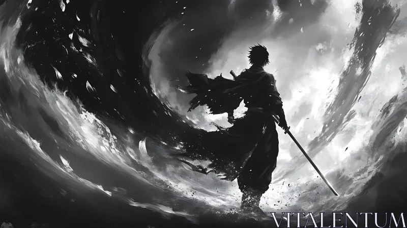 Samurai silhouette commands swirling monochrome vortex.