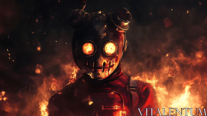 Pyroclastic gasmask effigy amid volumetric flame field.