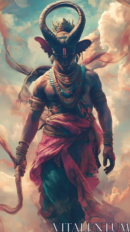 Divine horned warrior in drifting cloudscape, digital painting.