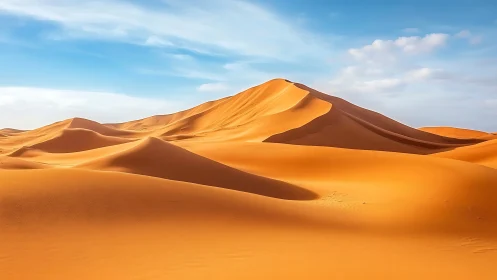 Sunlit dune ridges under expansive blue desert sky.
