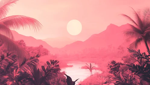 Monochromatic Tropical Landscape with Celestial Orb and Layered Silhouettes