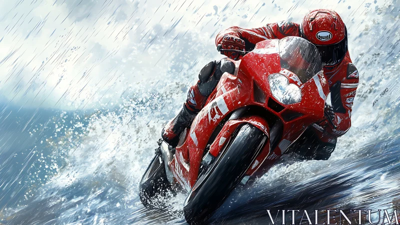 Red thunderbike storms through rain-soaked racing tempest.