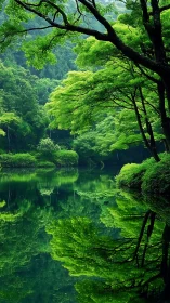 Dense riverside forest reflected in still green water.