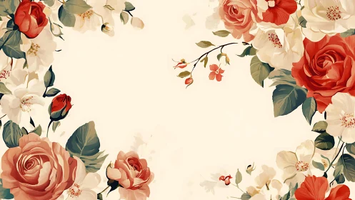 Botanical Symphony: Crimson Roses Dance Across Cream Canvas