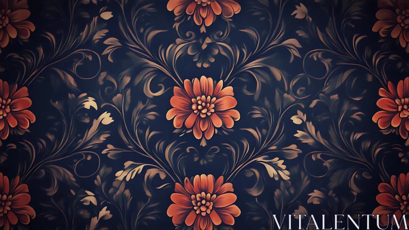Ornate orange floral blooms glow over deep midnight blue