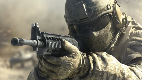 Tactical soldier aiming carbine in shallow depth-of-field combat scene