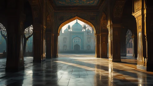 Morning hush beneath gilded arches of a dreamlike mosque.