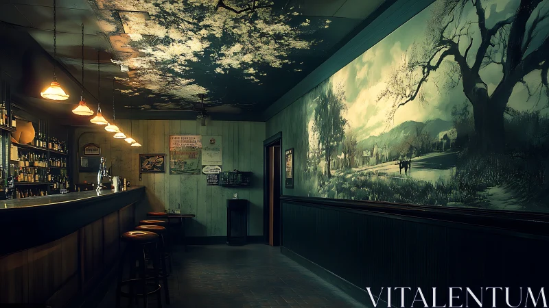 Ceiling clouds drift over a quiet bar and painted countryside