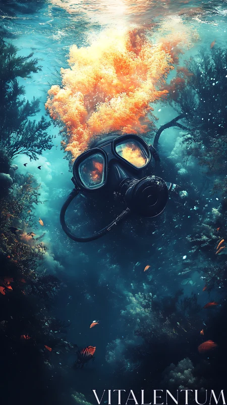 Diving mask suspended in illuminated underwater seascape.