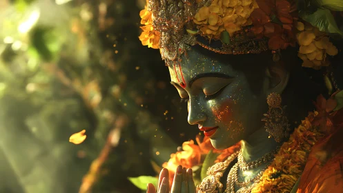 Digital painting of serene blue deity in floral radiance.