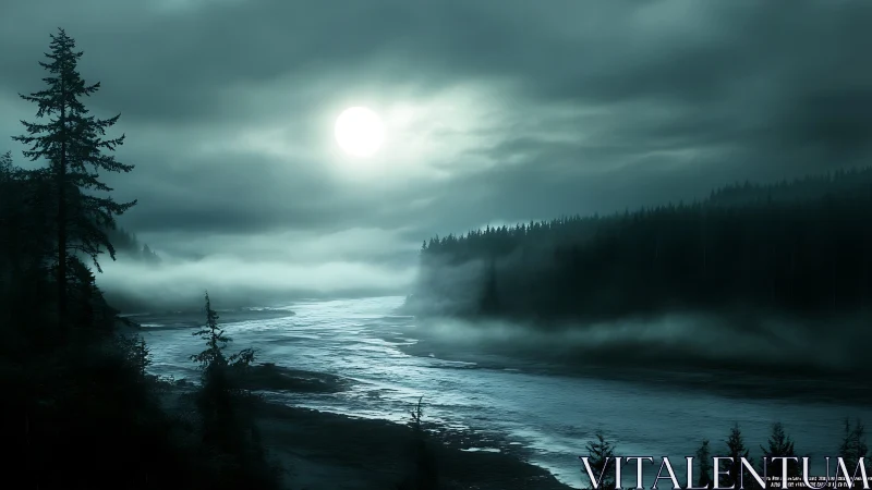 Moonlit foggy river with dark evergreen forest at night.