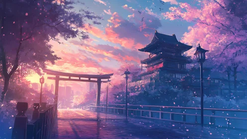 Twilight shrine promenade beneath drifting sakura dreams.