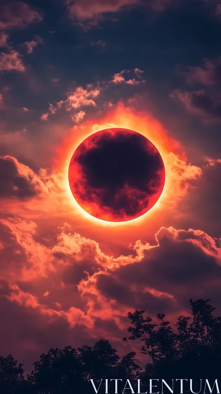 High-contrast solar eclipse with fiery corona over silhouetted forest