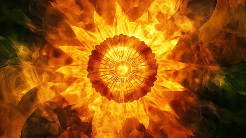Radial pyro-luminescent core with refracted solar petals.