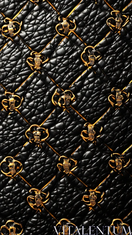 Gilded bee lattice on midnight quilted leather surface.