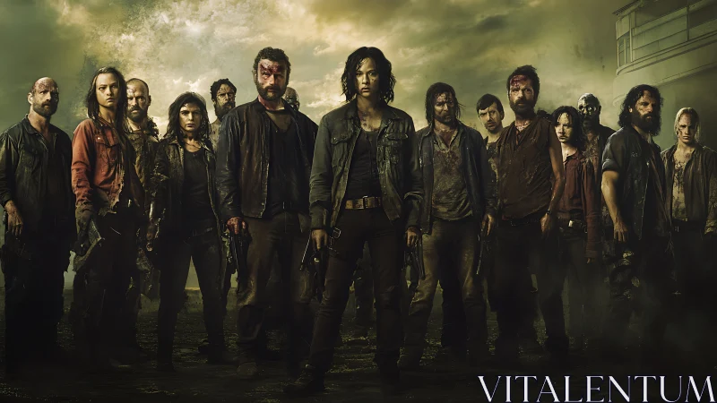 Armed survivors stand united in grim post apocalyptic dusk