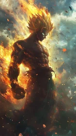 Digital painting of flaming anime warrior in dynamic vertical composition.