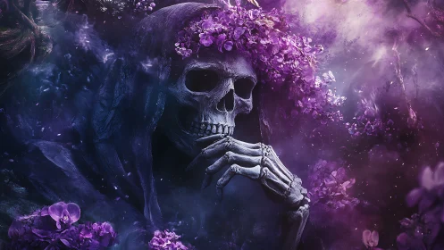 Hooded skeletal figure in purple floral fantasy scene.