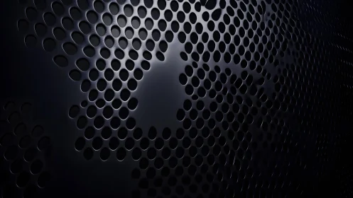 Abstract geometric metal surface with circular perforations, dark style.