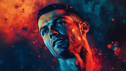 Starlit athlete gazes through split fire and nebula glow.